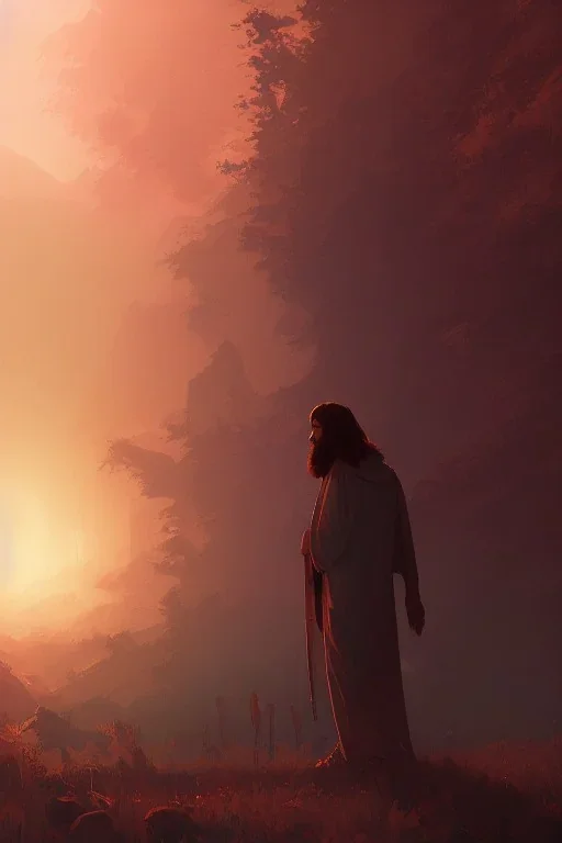 Jesus portrait at dawn by atey ghailan, ismail inceoglu, michal lisowski, artstation, volumetric light, high detail, perfect