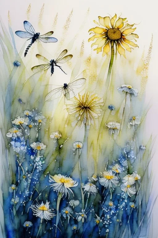 Dandelions, Water Hemlock, wild flowers and dragonflies stunning watercolor art by susan Winget, painted, in gold, blue and white tones with a sunflower --v 7 In style of Marjolien Bastin.