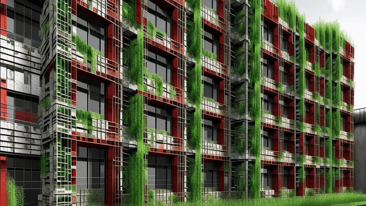 Edificio experimental de verticalidad fragmentada donde bloques prismáticos se superponen de manera rizomática, creando vacíos estructurales y patios verticales ocultos. La materialidad combina paneles metálicos corrugados, hormigón envejecido y acentos de cerámica roja y verde estructural que interrumpen la grilla racional. La fachada saturada de aberturas sugiere circulaciones laberínticas internas, con vegetación incrustada como injerto en terrazas intermedias. Composición acumulativa con alt