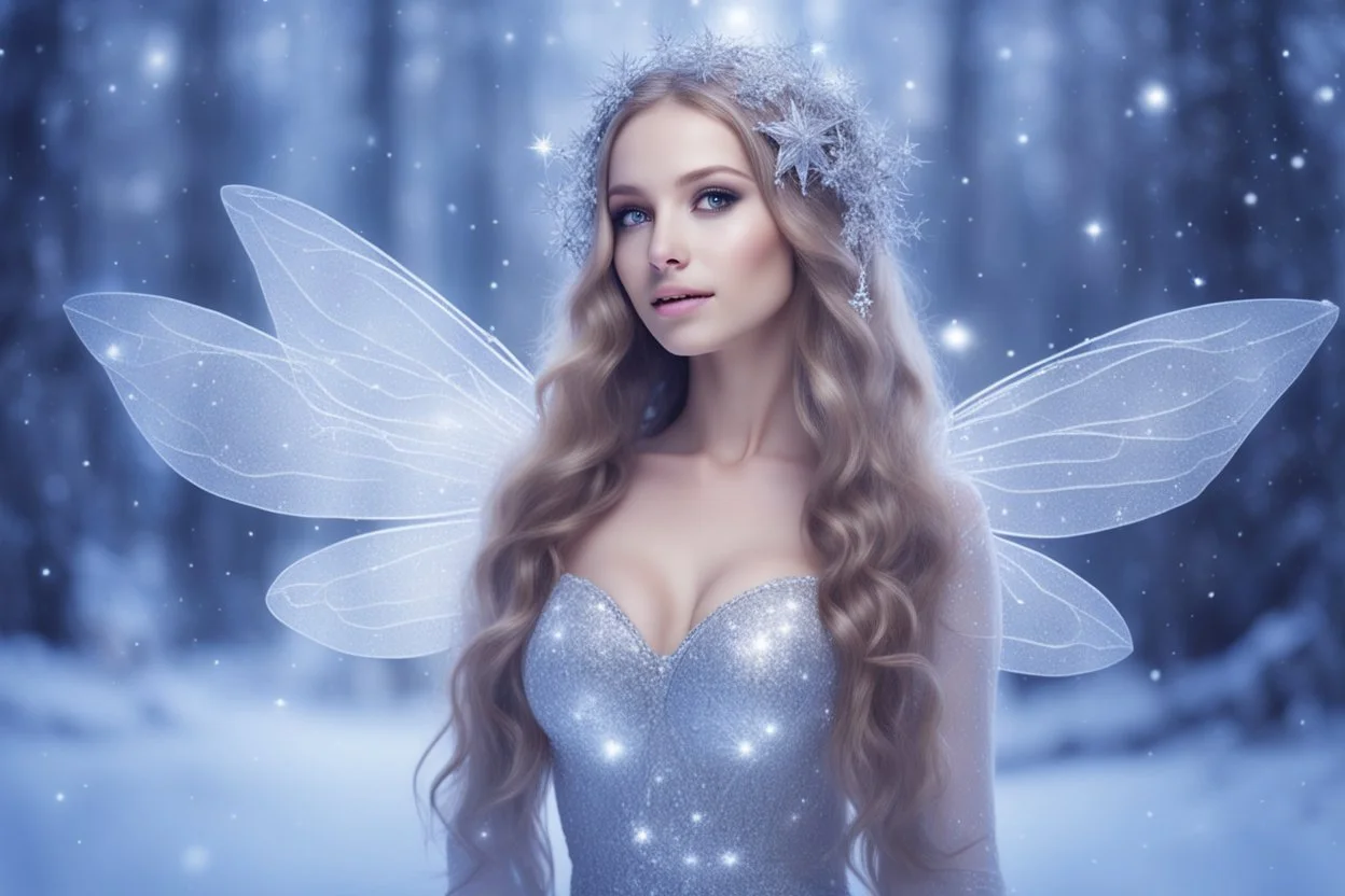 very beautiful fairy women with long hair, little smile, with cosmic silver metallic suite and brightly earings. in the background there is a bautiful little magic forest with snow and sky with stars and light beam