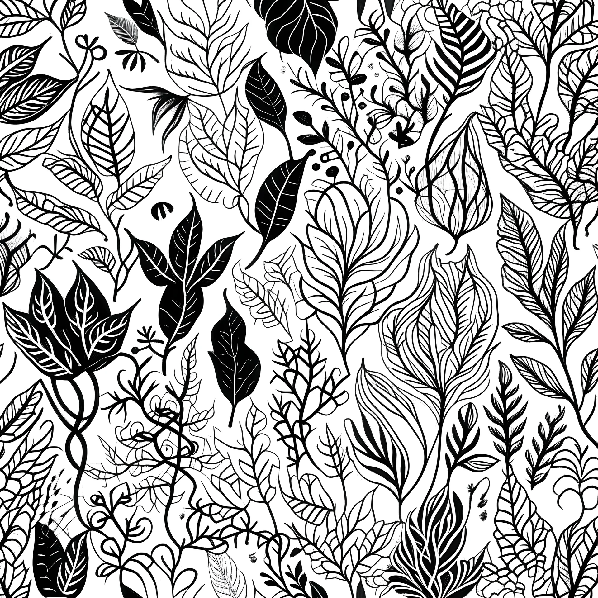 pattern of leaves and plants simple design black on white background vector thin beautiful graceful lines