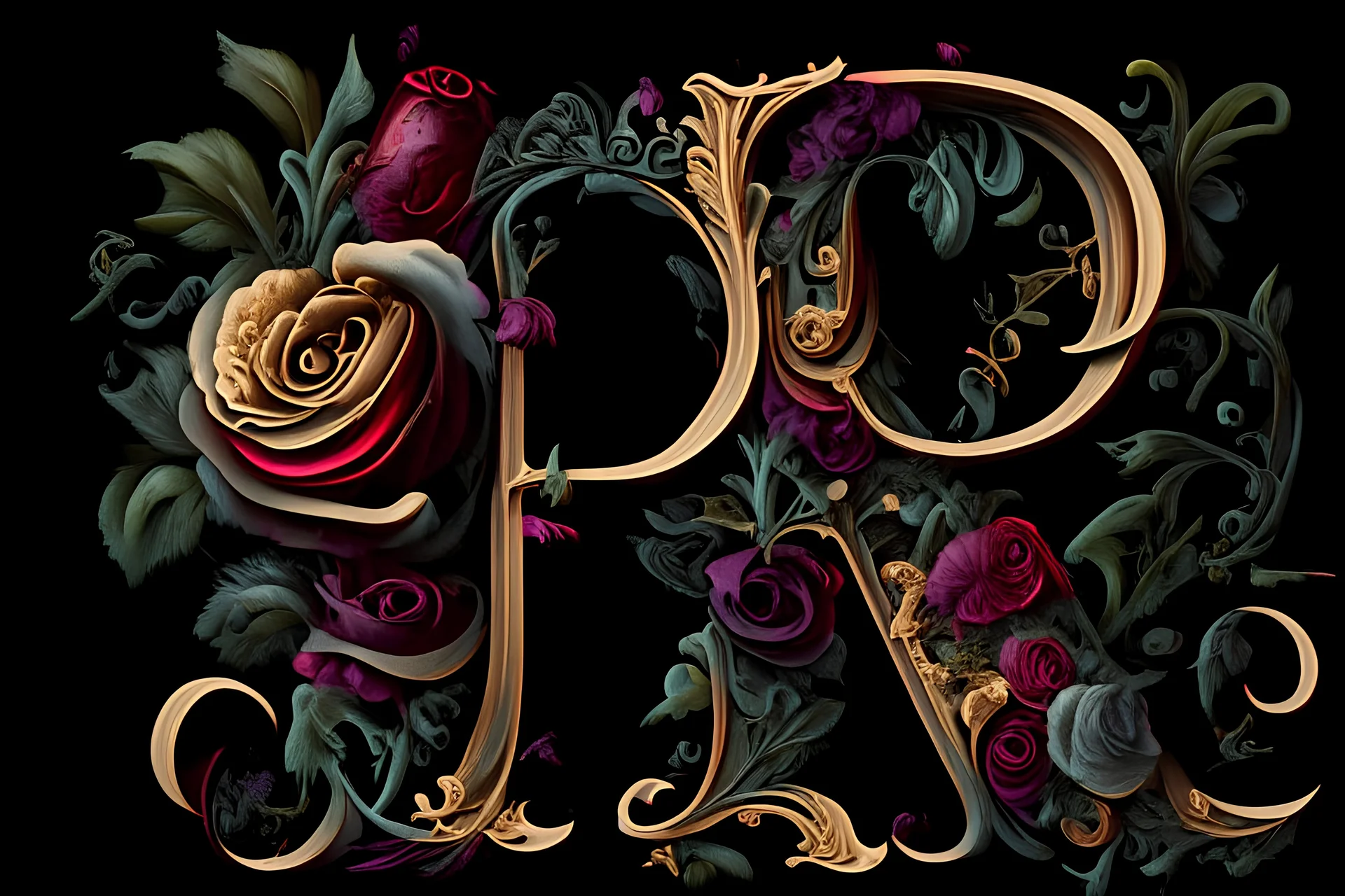 CALLIGRAPHY ART PAINT LETTER a letter r and letter u ITALIC STYLE, contiguos letters, baroque and flowers and skull all around and dark