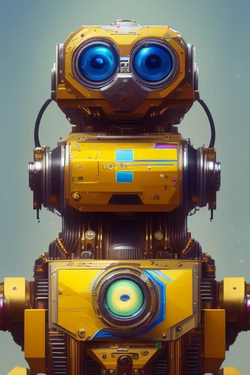 a beautiful full frame portrait digital painting of futuristic bananapunk robot, wide angle view, close-up, macro lens, centered camera, titanium accents, intricate details, small minutiae, tiny features, particulars, colorful, 8k, least ambient occlusion, volumetric lighting, volumetric clouds