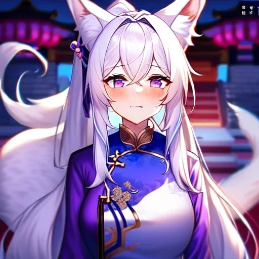 Clear focus, 8k, high quality, detailed, beautiful lighting, fox girl, vibrant colors, white long hair, vibrant purple eyes, chinese clothes, ponytail, nervous