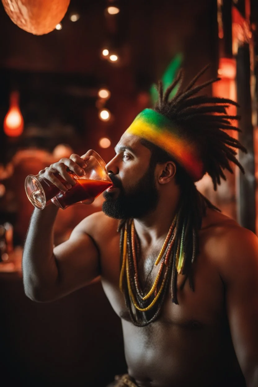 full figure photography of a rastaman chubby muscular strong 39-year-old arab in a discoteque, ajar mouth, shirtless, short beard, bald, drinking cocktail, manly chest, very hairy, side light, view from the ground