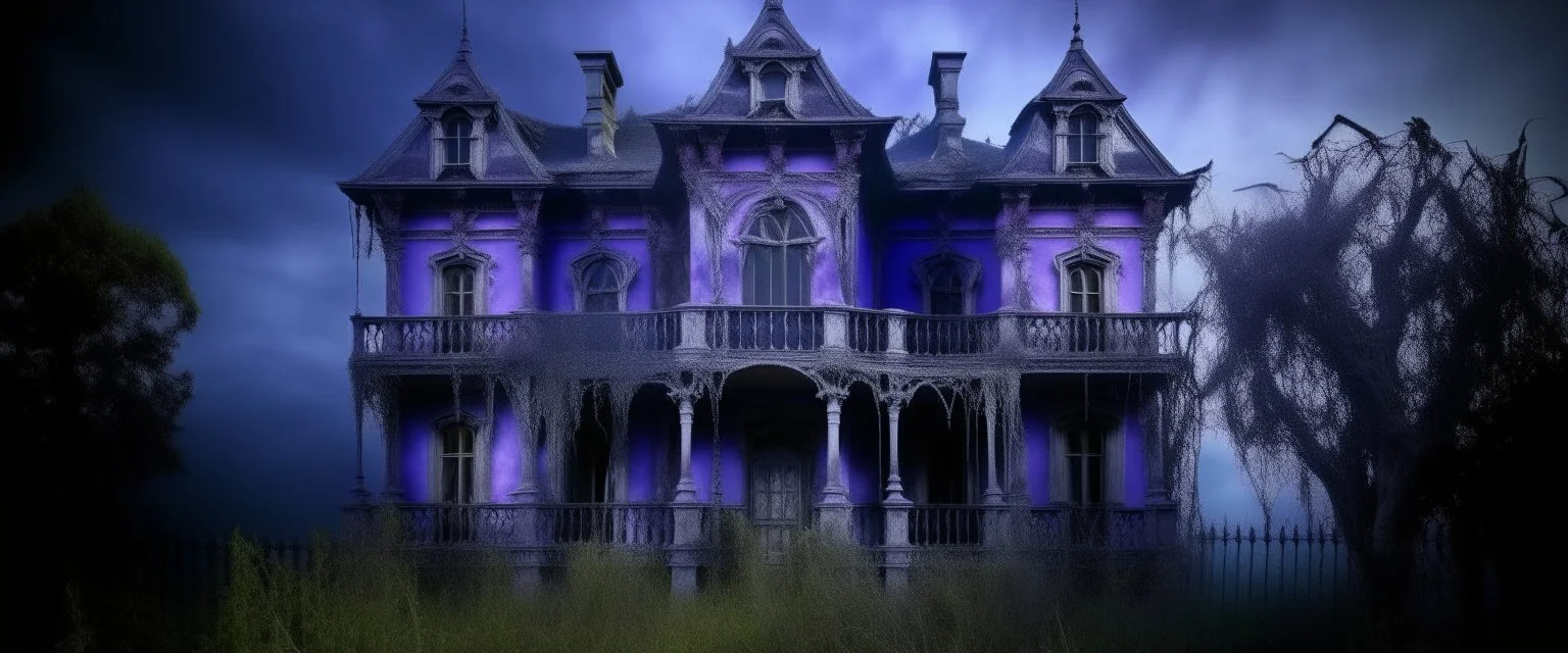 A purple haunted mansion covered in cobwebs painted by Claude Monet