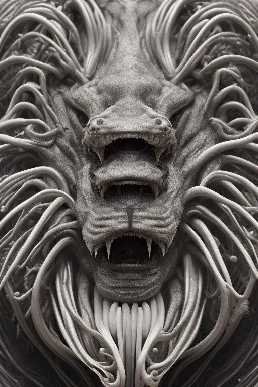  lion alien, head,8 eyes, evil, 8k, finely detailed, photo realistic, HR Giger style