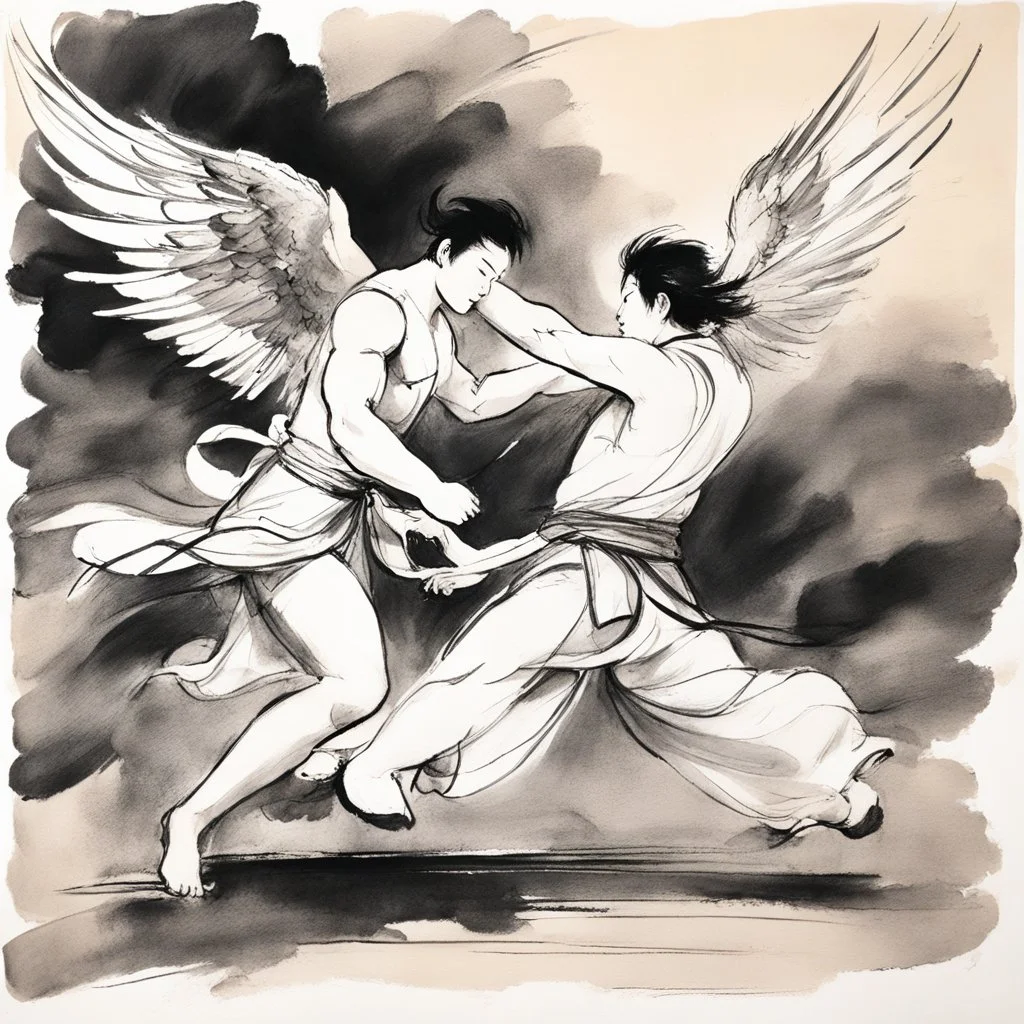 [traditional Chinese brush, expressive line, ink washes] Jacob wrestling with angel