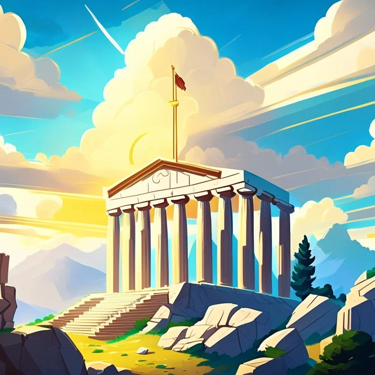 mount olympus from the greek mythology. High up in the mountains. Illustration. Cloudy. Sun behind the temple of Zeus.