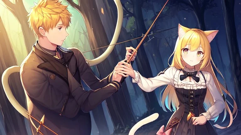 Girl, yellow hair, cat ears, cat tail, bow and arrow in hand, dark forest, boy, boy has bunny ears