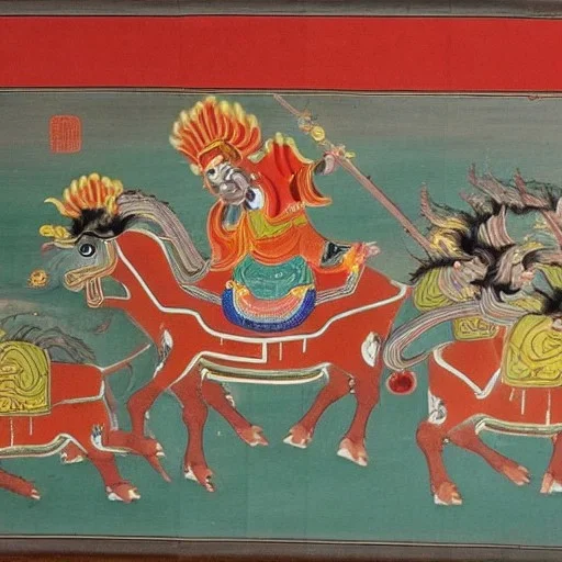 chinese god with thunder bolt in hand riding a detailed indian holy cow painting