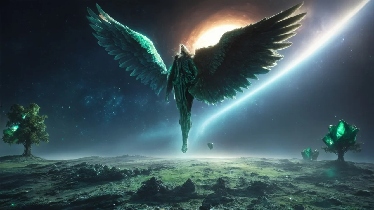 matrix universe, space, planets, god creation, angels from other dimensions with beautiful wings, trees on the planet, behind green crystals of light, few tiberium monolith deposits on the planet near tree,