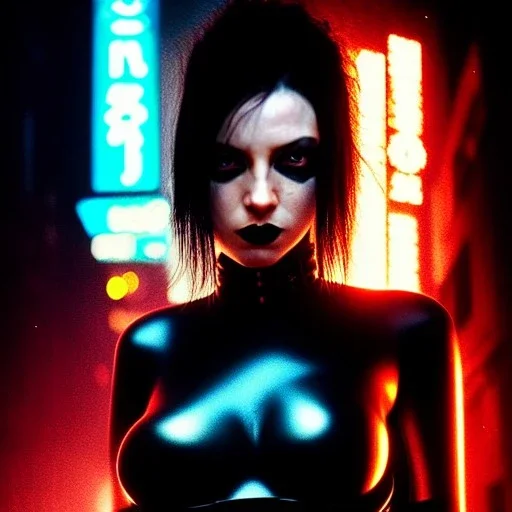 portrait oil on canvas, beautiful punk busty female Cyborg, intense stare, sad glowing eyes, post-apocalyptic in a cyberpunk city,minimal skintight latex dress, bladerunner movie poster, realistic, intriacte detail, sci-fi fantasy style, masterpiece, volumetric lighting, particles, highly detailed ,cinamatic , deep colours,8k, in the style of Kaare Andrew