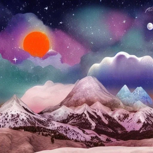 Claymation mountain skyline,Rudolph the red noise reindeer, beautiful, pastel blues and purples, white, aurealis borealis, night, claymation moon, clouds, stars, winter