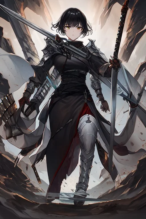 Anime girl with short black hair and sharp green eyes, holding a pike, full body black and white metal plate armour, full body shot, Dramatic lighting,1woman, soaked in blood, Warrior, standing pose, sword at the waist, close shot