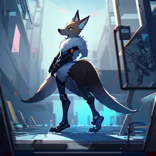 a fox fursona, darker colors, master quality, backlighting, soft lights, full body portrait, in frame, 8k, furry, fur, dark color pallet, robotic arm, cyberpunk, anthropomorphic, perfectly drawn face, well drawn paws