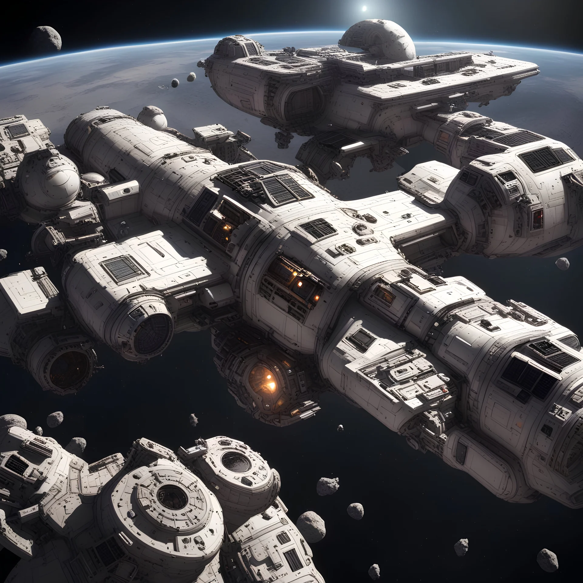 a sprawling scientific space station surrounded by asteroids