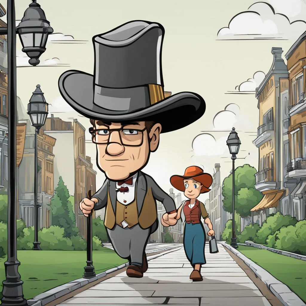 Cartoon of man with a serious hat walking miranda in front 4k