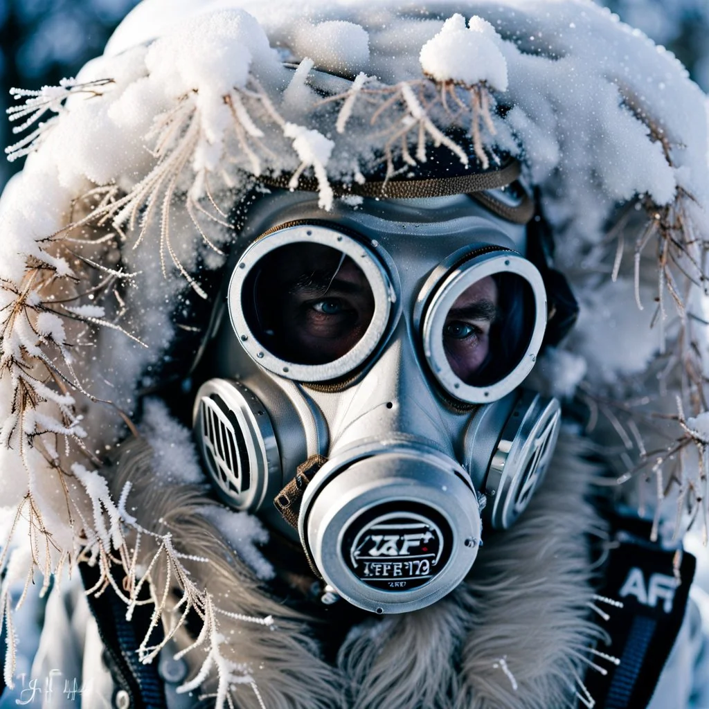 close up documentary photography, Yeti In a Respirator, Dystopian, Extreme depth of field, bokeh blur, winter, blizzard, Alberta, all-natural, in the style of candid, imperfection, natural lighting, light-focused, Professional shot, shot on Agfa, Fuji Film, 1980s, taken with Hasselblad --ar 4:5 --w 150 --style raw