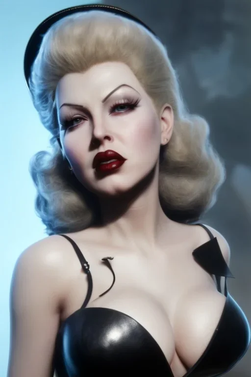 Lana Turner as evil queen in black leather, leather, busty, cleavage, angry, stern look. character design by cory loftis, fenghua zhong, ryohei hase, ismail inceoglu and ruan jia. unreal engine 5, artistic lighting, highly detailed, photorealistic, fantasy