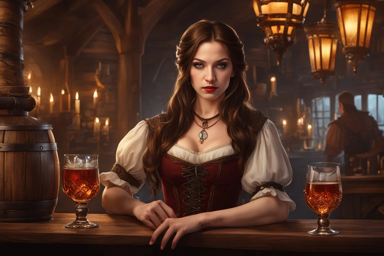 A young woman with pale skin and long brown hair in a fantasy tavern setting with intricate details. She is smirking, a tavern wench pouring a glass of whiskey, has intense red eyes, intimidating presence. High definition.