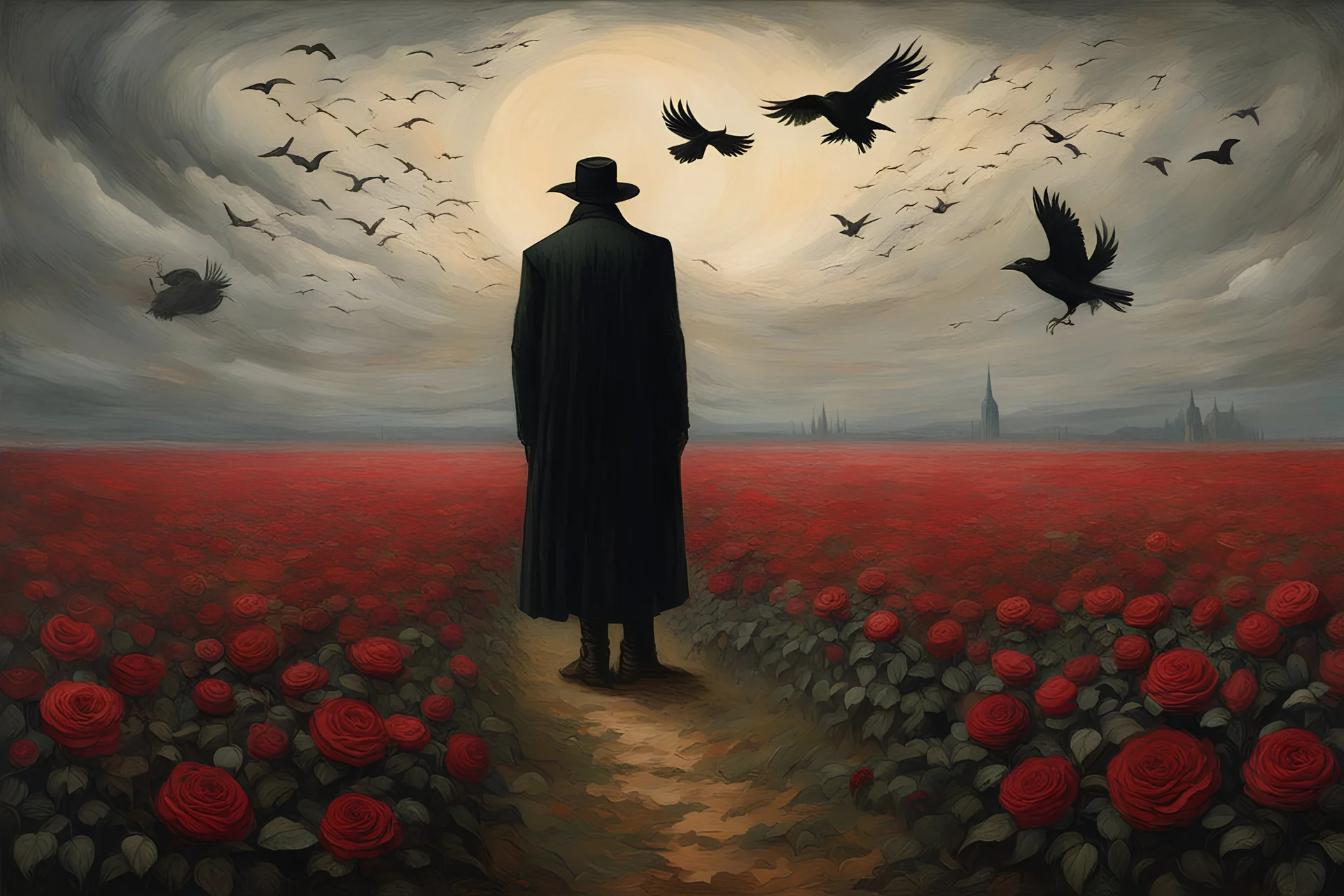 Childe Roland to the Dark Tower Came, standing in a proliferous field of faded red roses, a crow is flying; style Caspar David Friedrich