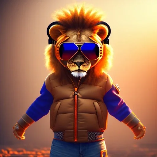 Lion toddler, smile, steampunk headphone, sunglass, gangsta neckless, full body, orange puffer jacket, tokio background, dramatic lighting, hyper realistic, unreal engine 5, 16k