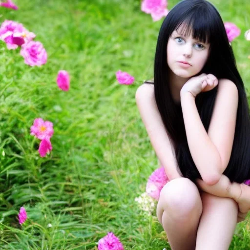 teenage girl with black hair, fair skin, blue eyes, wide hips, and flowers growing up her legs.