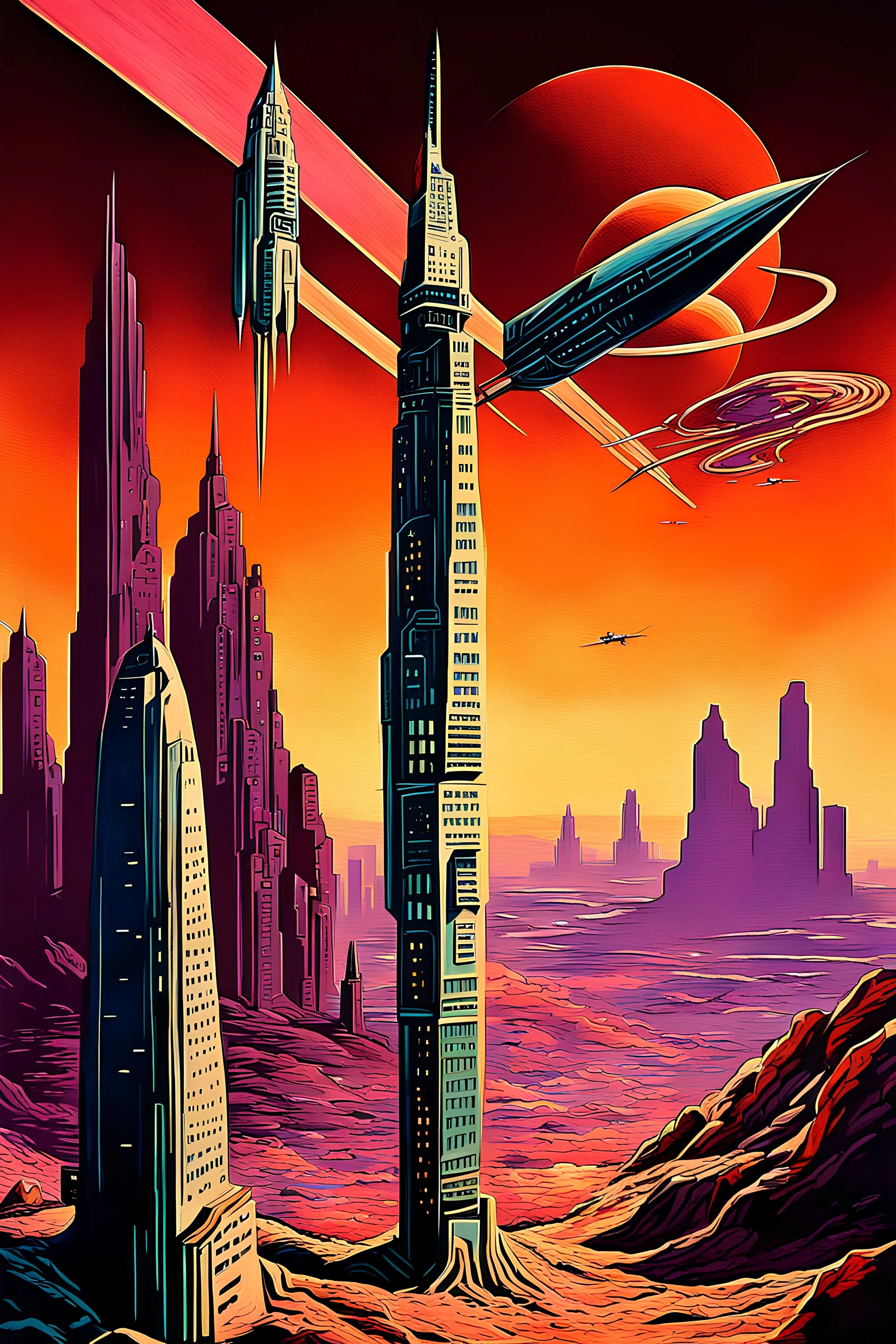 A painting in the style of the science fiction book covers from the 1960s. One small rocket in flight above a very distant high-technology mystic skyscrapers of an exotic city on an unknown planet of rocks and desert.