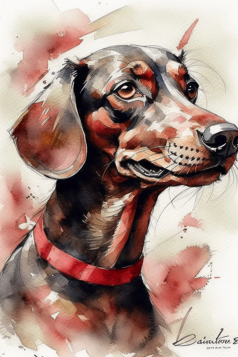 Watercolour Portrait of a happy dachshund in the style of Yoji Shinkawa, Guy Denning, Florian Nicolle, Willem Haenraets