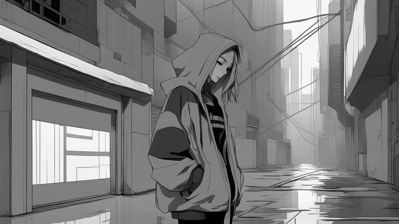 A brutalist architecture cyberpunk alley in a simple anime style, grayscale, rainy, dark, pitch black, foggy, with a girl wearing techwear clothing and a hoodie up leaning against the wall and showing her serious/emotionless face, with a more tanned skin tone, on the right side of the image