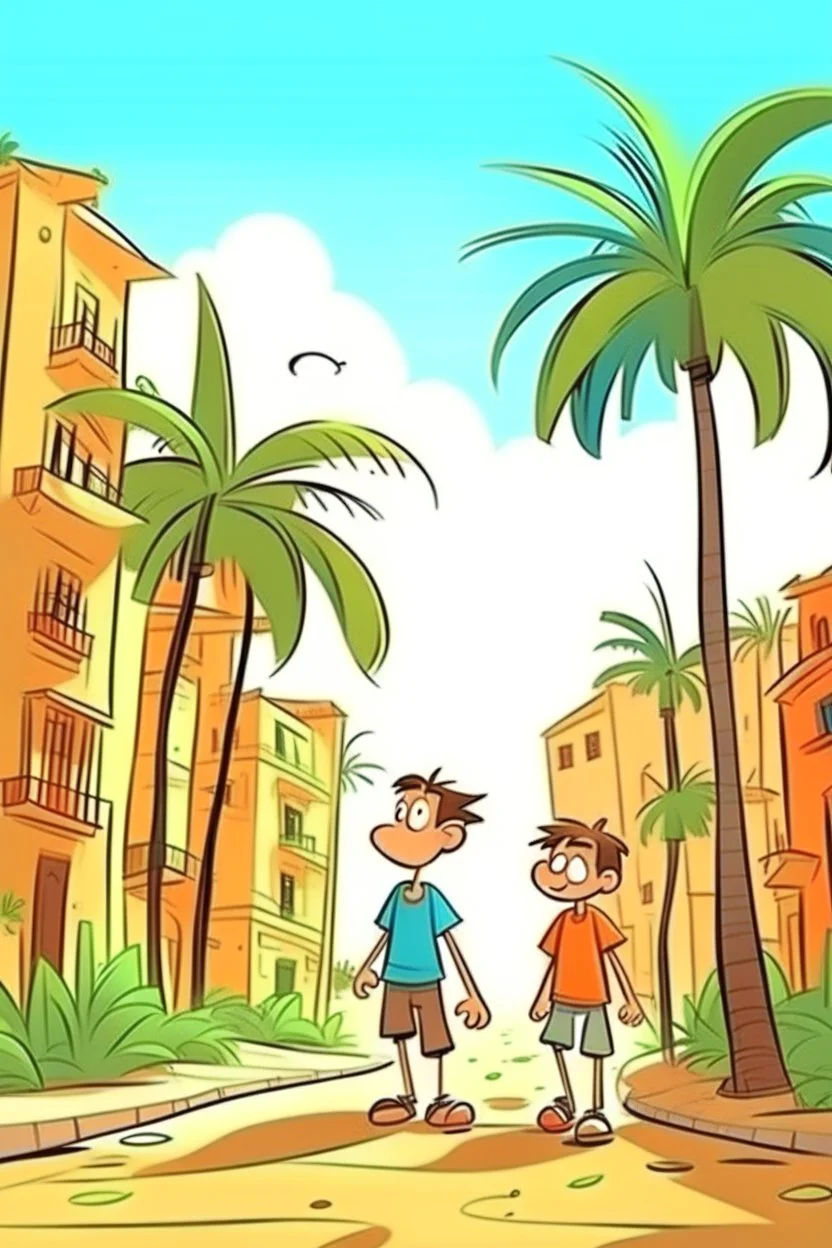 a city with palm trees old and boy walk cartoon