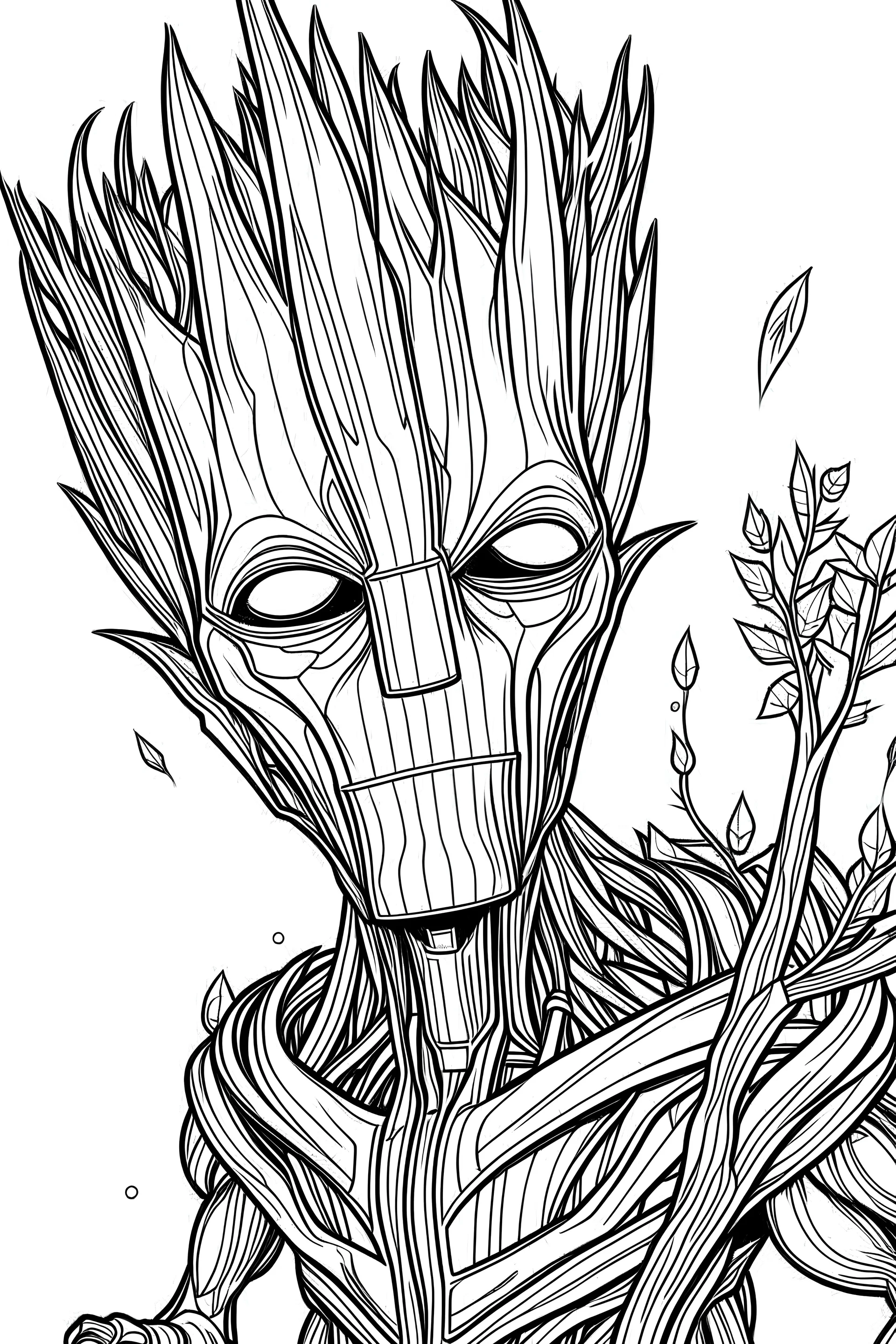 an image groot looking cool. kids coloring book. no color. thin crisp lines