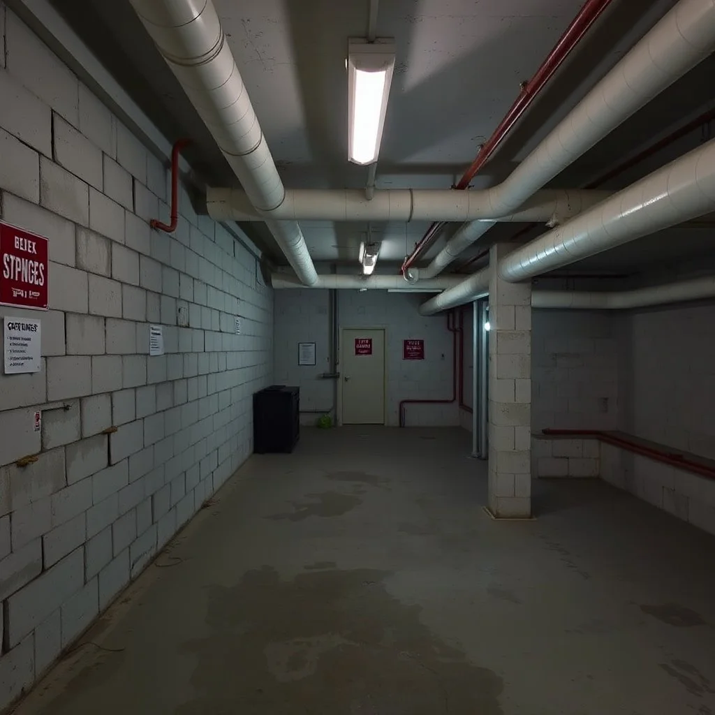 Photograph of a room museum, installation, cellar basement, brutalist, pipes, signs, empty, details of the walls very accentuated, liquid, noon-light