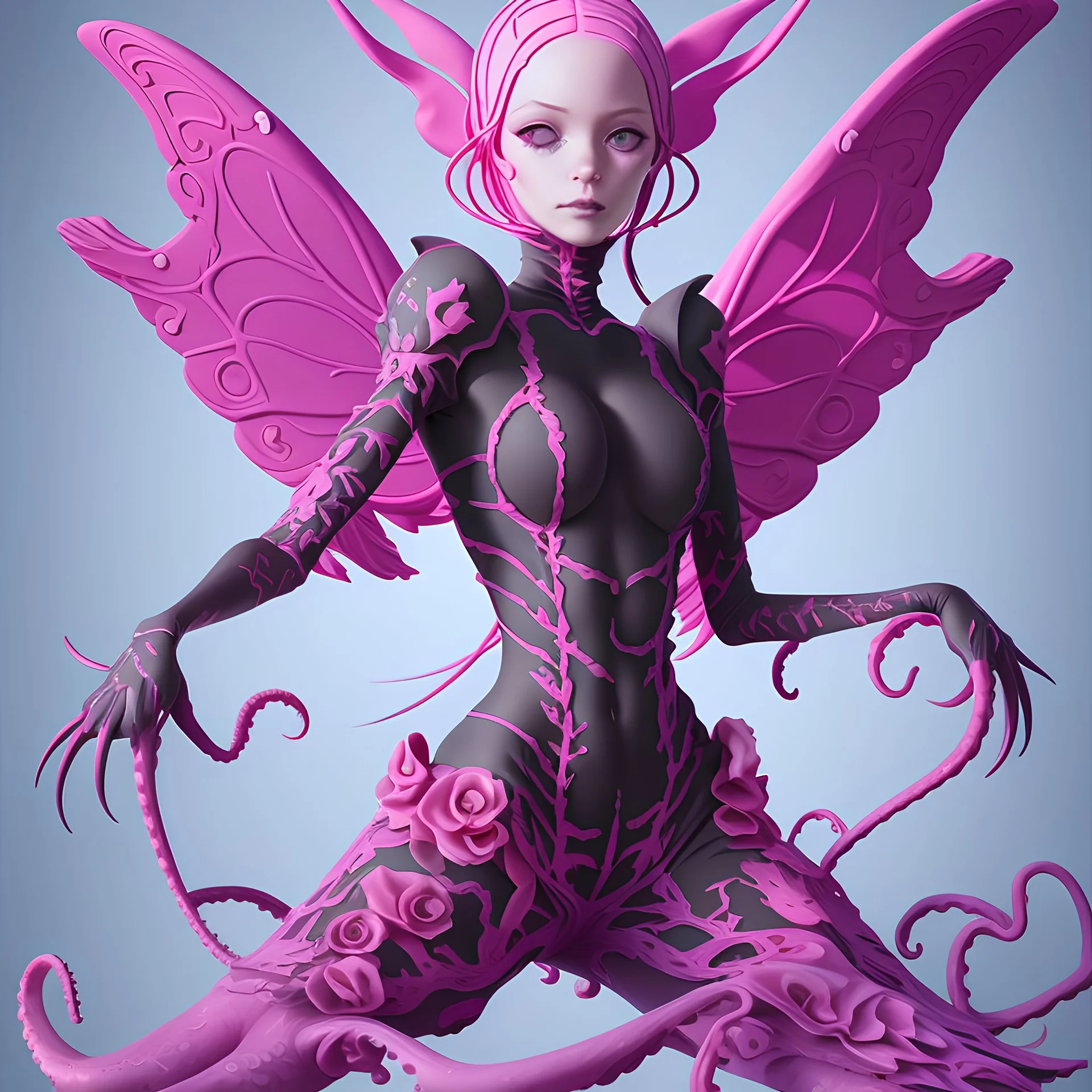 butterfly, highly detailed, pink, rabbit, blood, scythe, goth woman, leaning pose, full body, squid, intricate detail , plants, wildflower, nest, octopus, fly,