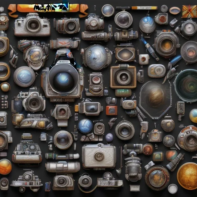 components of the camera laid out flat. poster design. high detailed. oil on canvas.