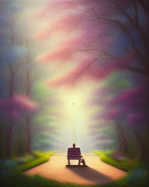 park mystical dream, park bench, man, woman, child, dog, trees, path, bird, sunshine, mystical, fantasy, romanticism, pastel colors, daylight, daytime, acrylic painting, detailed, soft focus,