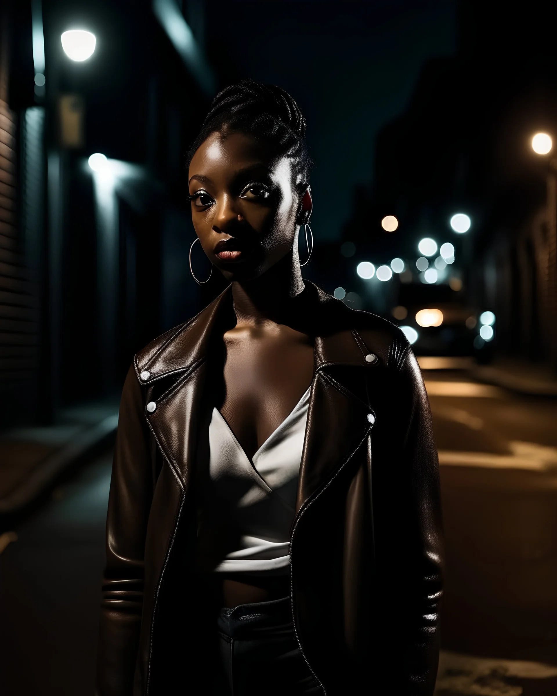 singer coco jones, on a very dark street in brooklyn at night, deep shadows, dramatic lighting, moody aesthetic, dark cinematic lighting, they are standing beneath a streetlight, dramatic shadows