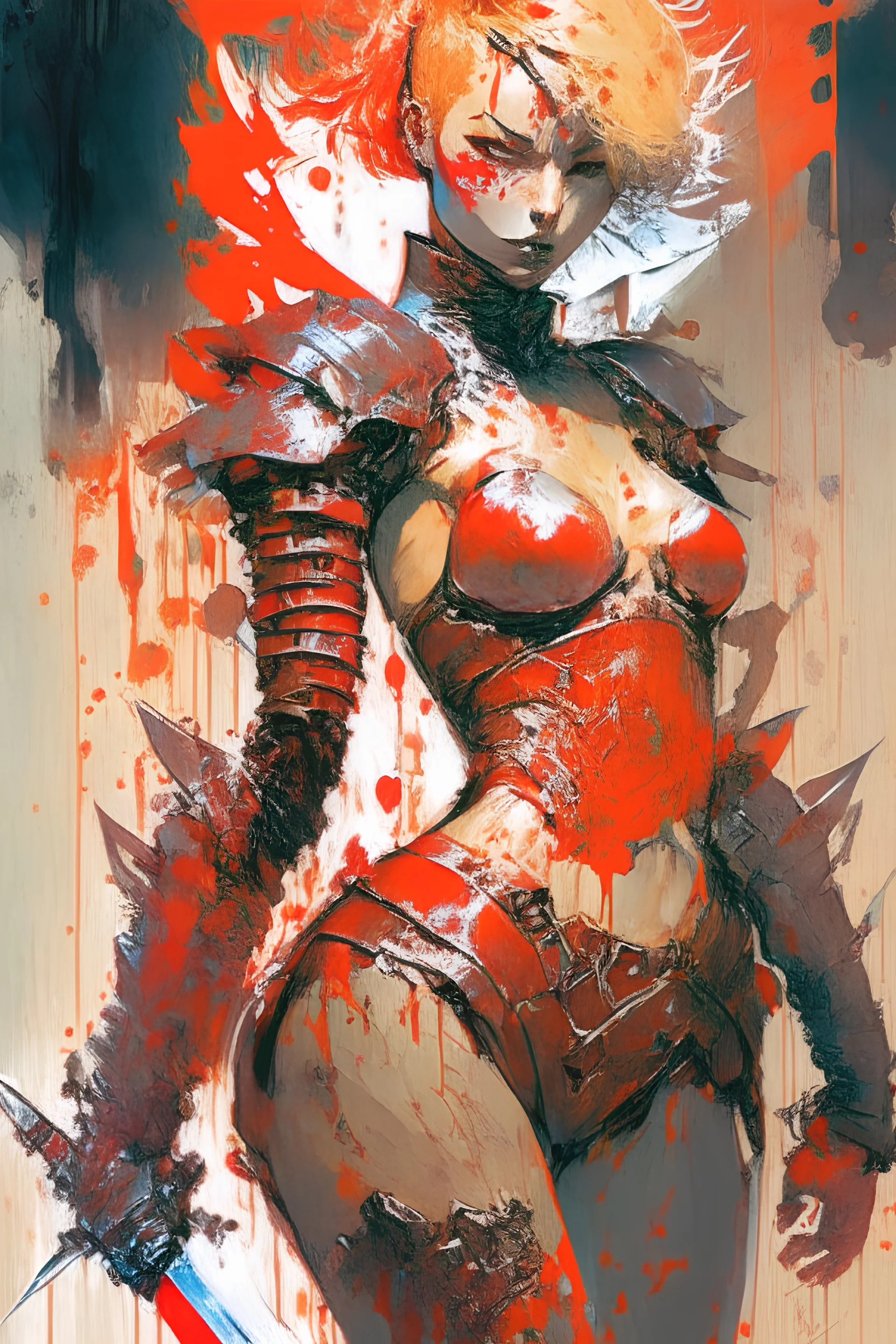 Alessandra DaDario mistress, fencing stance, red leather armor, red leather combat boots, short pixie blonde hair, big chest, final fantasy tactics, showing skin, big hips no clothing, happy, Full body, Beautiful waifu style girl, hyperdetailed painting, luminism, art by Carne Griffiths and Wadim Kashin concept art, 4k resolution, fractal details bioluminescence , 3d render, octane render, intricately detailed , cinematic, trending on artstation ,Centered hyperrealistic cover photo awesome full