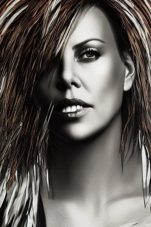 A beautiful portrait Charlize thero cyberpunk woman color scheme, high key lighting, volumetric light high details with white stripes and feathers