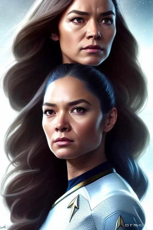 hiper realista, hiper detalhado, retrato de corpo inteiro, no estilo star trek, de uma mulher jovem incrivelmente bonita, símbolo da federação perfeitamente desenhado, cabelos longos , arte de greg rutkowski, artgerm, wlop, rossdraws, boris vallejo