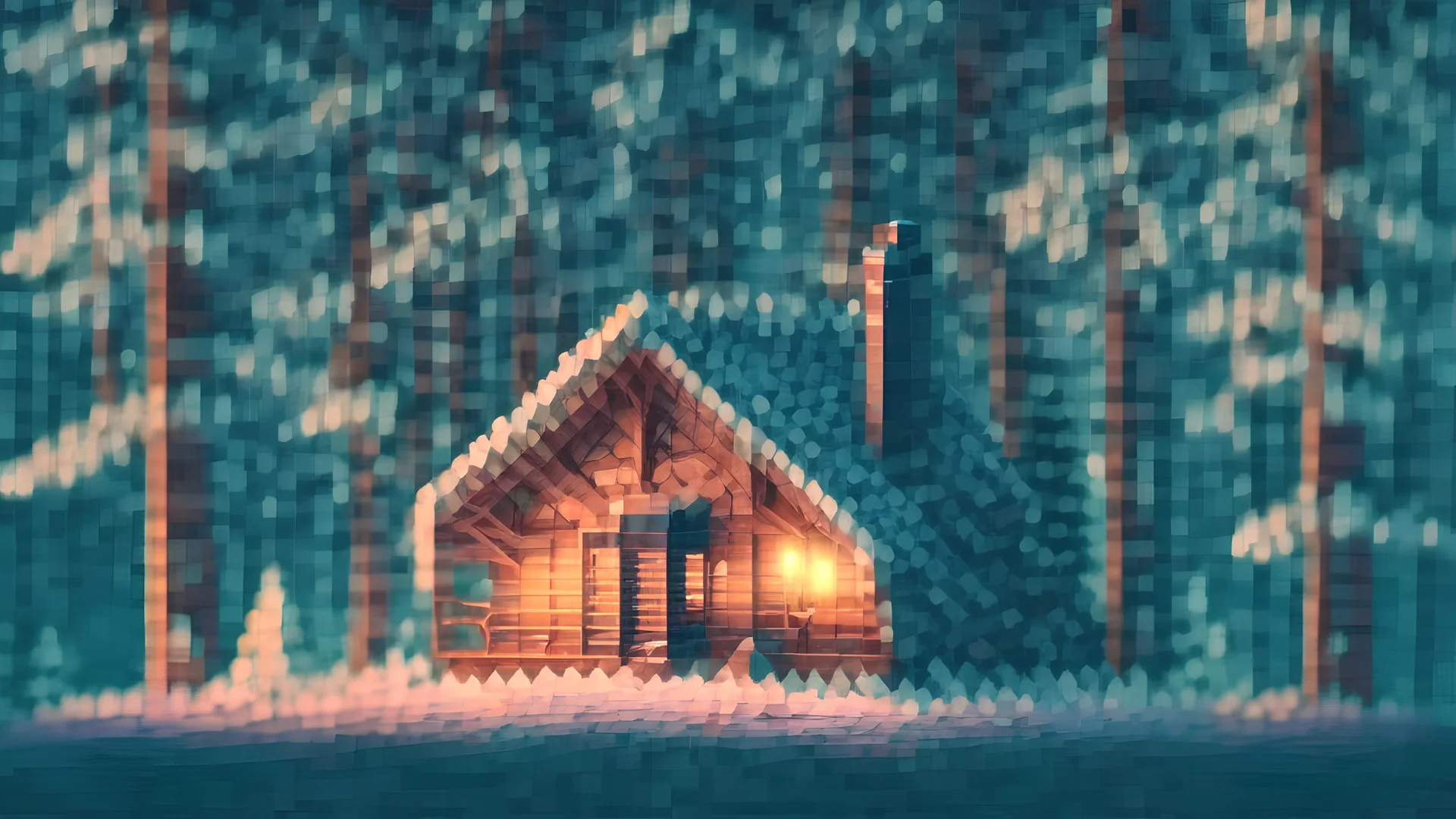 Lodge In the woods, winter, 8-bit pixel art, Experimental Architectural Design, Creative, Beautiful Lighting, Photorealistic