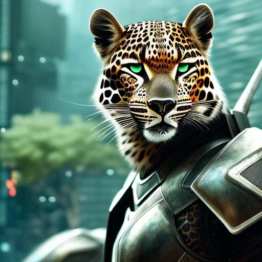 Futuristic dystopian cool leopard in titanium green knight armor, by Yoji Shinkawa, HDR, octane render, unreal engine, masterpiece 4k, hyper detailed, detailed, hyperdetailed, intricate, digital painting of an modern 3d anime character, character illustration, 4k, ultra hd, overexaggerated features, picture in sharp frame, in frame