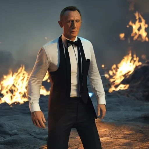 James bond,portriate,heroic,ultrarealistic, fiverr,unreal engine, cinamatic lighting,"saving a woman",fire