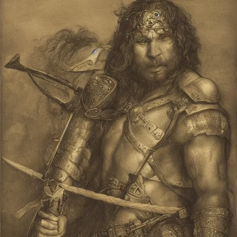 Portrait of a barbarian warrior with vig axe in the style of Albrecht Dürer