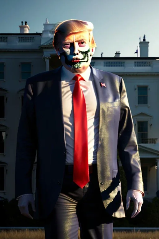 Ultra realistic image, Donald trump zombie, zombie performance, suit, skull, blood, torn arm, night, walking twisted, waist up view, thriller style, dark ambient, highly detailed, White House background, concept art, unreal engine 5, ray tracing, RTX, ultra detail, volumetric lighting, high definition, high resolution.