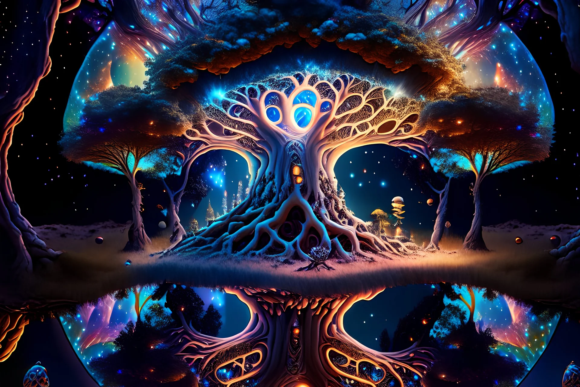 Cosmic Mirror Tree, Spiritual Nexus Bridging Heaven, Earth, and the Universe, 8k, high resolution, HDR, hallucinate, mushrooms, hallucinogenic, hyperrealism, photographic,