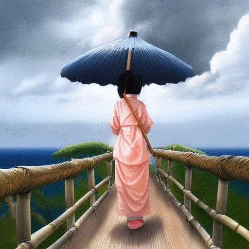 view from behind of japanese girl with bamboo umbrella looking up a break of white clouds and sunlight in the middle of a stormy sky, wooden walkway, ocean, 8k, high-quality, ultrafine-detail, intricate, digital painting, brian froud, howard lyon, selina french, anna dittmann, annie stokes, Greg Rutowski