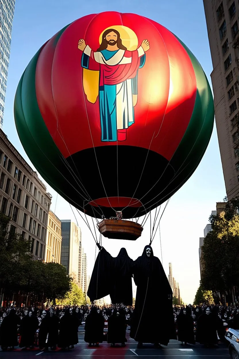 200 ft tall floating cartoonish jesus parade hot air balloon pulled by multiple grim reapers, multi colored, bright, vivid, psychedelic, high detailed, high gloss, insanely detailed, matte, horrorcore, lining the street, unsettling contrast, monument to death, live action shot grim reaper parade, pulling a jesus parade float