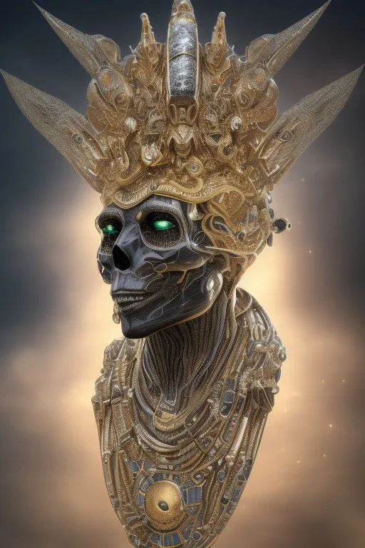 black male African Egyptian alien, cracks in the voodoo head, wicked, diamond eyes, crown, blood, 8k, finely detailed, photo realistic, tiger robe turquoise skull head gold dragon space alien rain skeleton gold teeth silver crown silver space suit spaceships